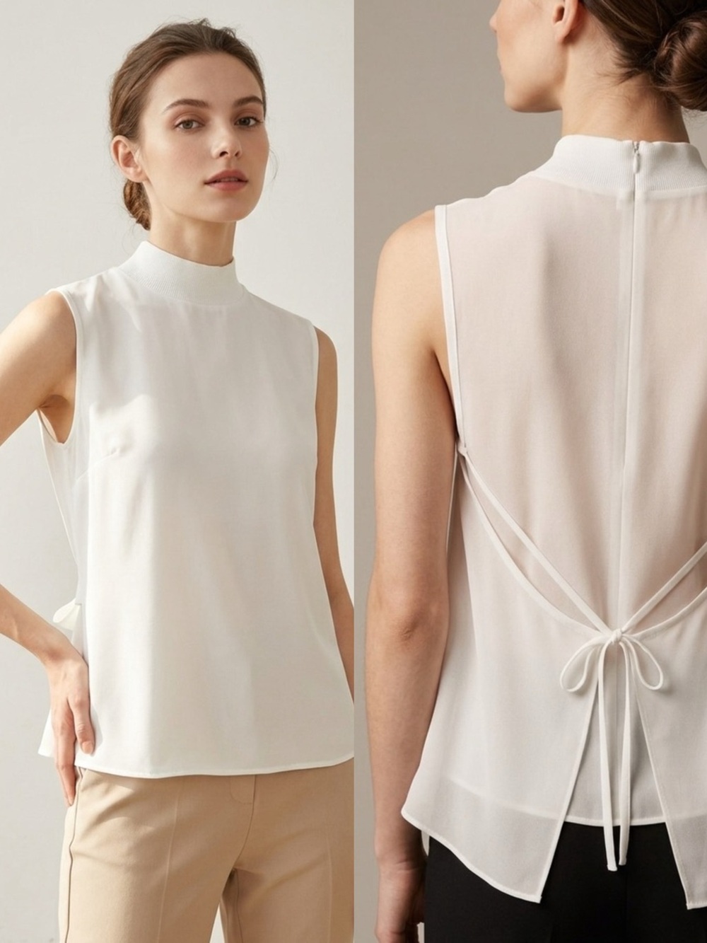 NWT Vince 100% Silk Mock Neck Tie Back Blouse in Cream